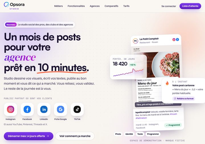 Page d’accueil d’Opsora Studio&nbsp;: «&nbsp;Un mois de posts pour votre agence, prêt en 10 minutes&nbsp;», avec un exemple de publication préparée par l’outil